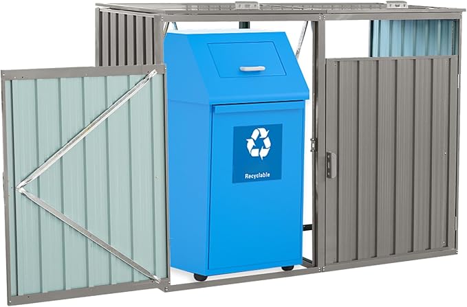 Garbage Bin Storage Shed for 2 Trash Cans Outdoor Metal Enclosure Charcoal Galvanized Steel Garbage Can Holder Hide Utility Bin Shelter Garden Yard