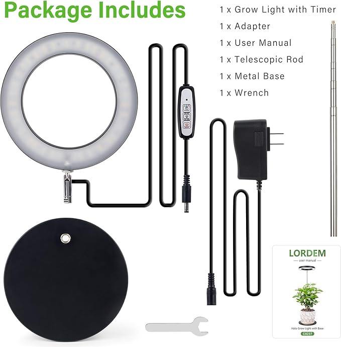 LORDEM Grow Light, LED Plant Light for Indoor Plants Growing, Full Spectrum Desk Growth Lamp with Automatic Timer for 4H/8H/12H, 4 Dimmable Levels, Height Adjustable 9.8"-30.6", Black