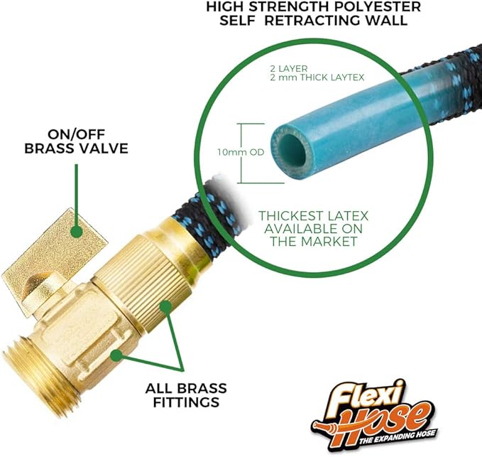 Flexi Hose Expandable Garden Hose with 8 Function Nozzle, 75FT - Lightweight Retractable Garden Hose, Water Hose - No-Kink Flexibility, 3/4 Inch Solid Brass Fittings and Double Latex Core