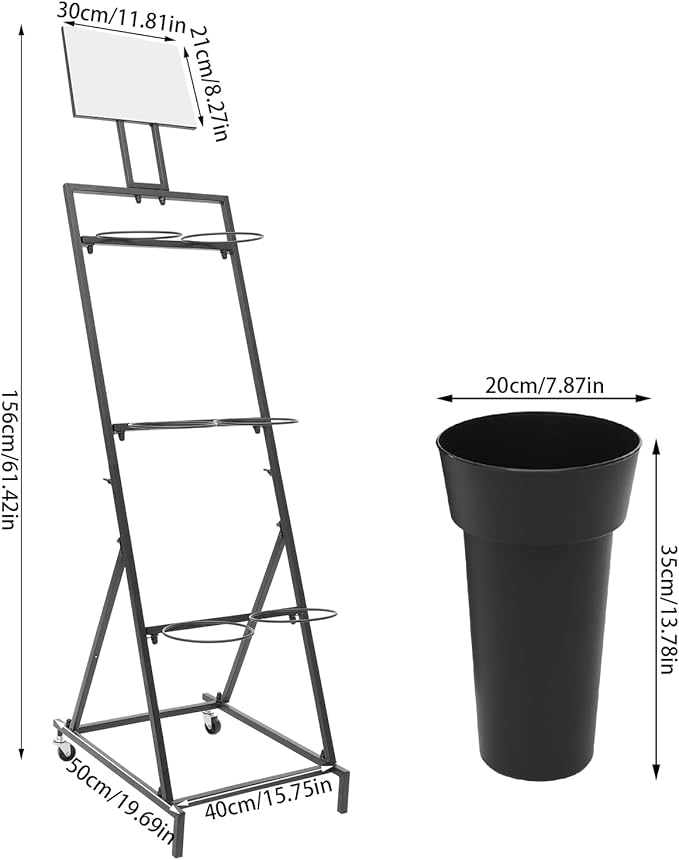 3 Tier 6 Black Bucket Flower Display Stand, Iron Decorative Flower Display Stand Indoor Outdoor Flower Cart Ladder Shelf Metal Moving Bouquet Shelf with Wheels for Garden Courtyard Florist