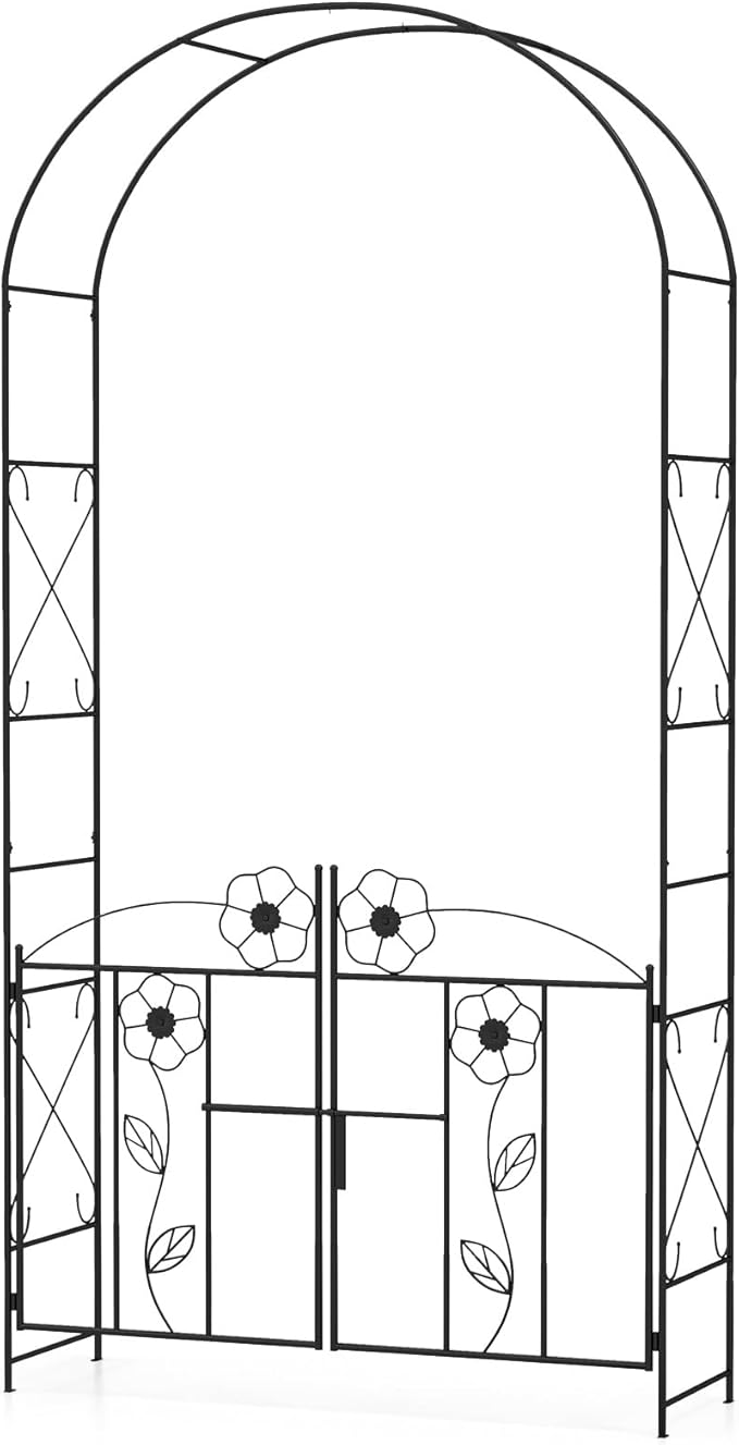 Giantex Garden Arbor with Gate, 7.5FT Metal Arch Trellis for Climbing Plants Rose Ivy, Archway Pergola with Flower Door, 4 Stakes, Garden Arch for Wedding Ceremony Bridal Party Decoration