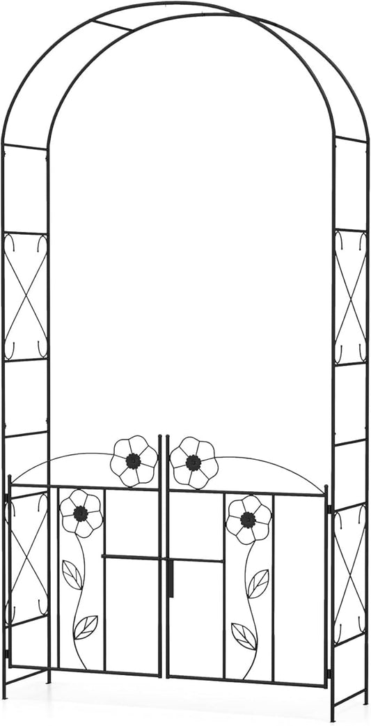 Giantex Garden Arbor with Gate, 7.5FT Metal Arch Trellis for Climbing Plants Rose Ivy, Archway Pergola with Flower Door, 4 Stakes, Garden Arch for Wedding Ceremony Bridal Party Decoration