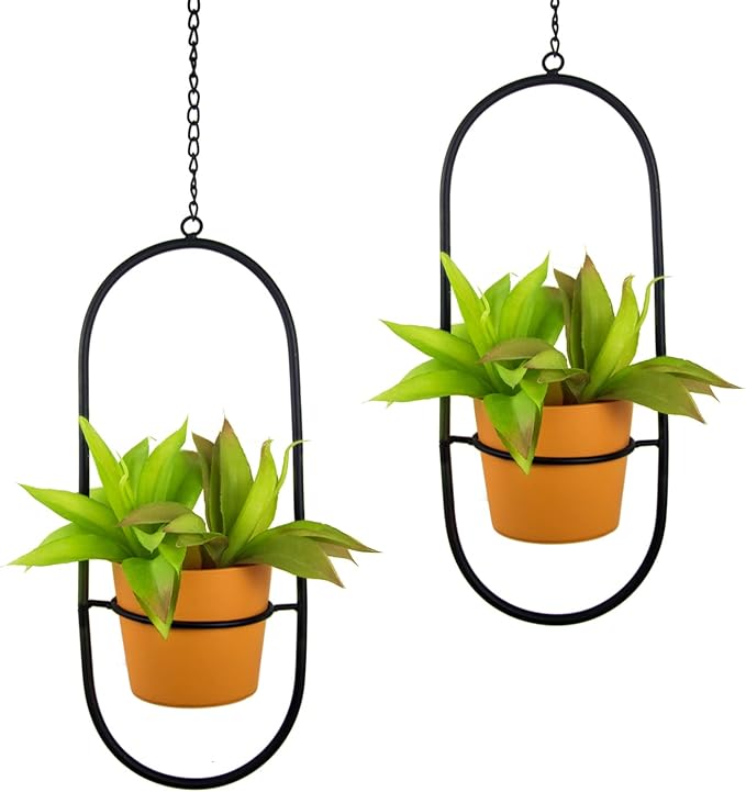 Modern Hanging Planters for Indoor Plants, Metal Plant Hanger with 5 inch Flower Pots,Set of 2 Black Oval Shape Plant Holders, Wall and Ceiling Hanging Pots for Outdoor Plants, Home Décor