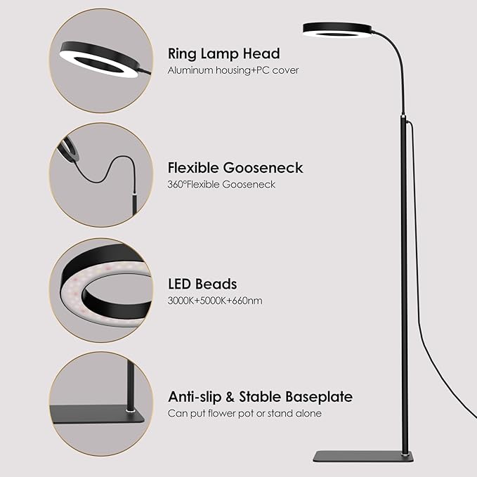 GLOWRIUM Grow Lights for Indoor Plants, Full Spectrum LED Grow Light Floor Lamp with Stand Adjustable Height and Angle, Black Plant Light with 3/9/12H Grow Light Timer (Black, 20W)