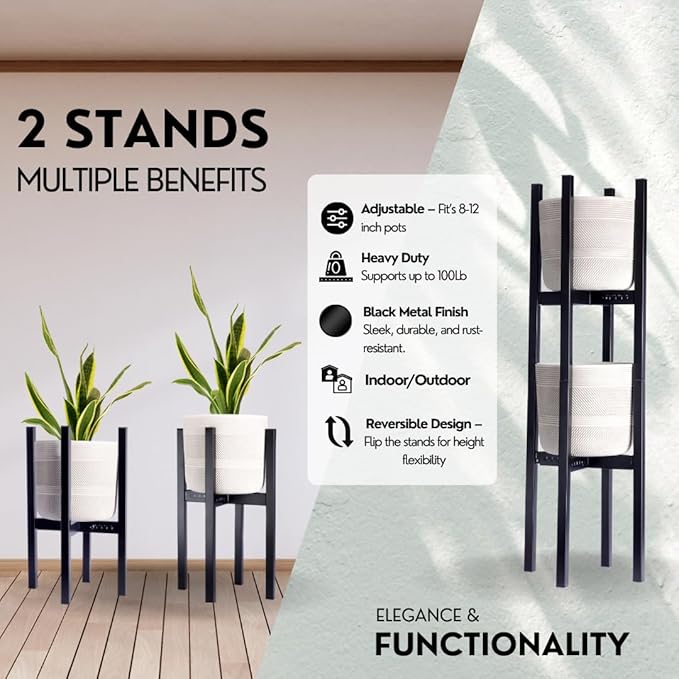 2 Tier indoor outdoor Plant Stand - Set of 2 Heavy Duty Rustproof Metal Plant stands, Modern Reversible Flower holder for Large Pots. Adjustable plant stand for pots 8–12 Inch), 32" Tall, Stackable Rack for Patio or Home Decor by iSpaces