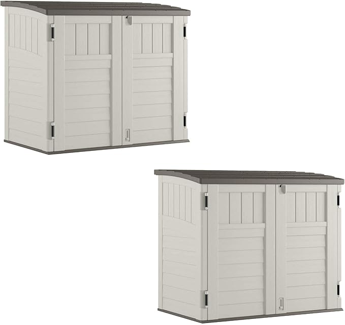 Suncast 2 Pack 34 Cu Ft Capacity Horizontal Outdoor Storage Shed for Garbage Cans, Garden Accessories, Backyard, and Patio Use, Vanilla