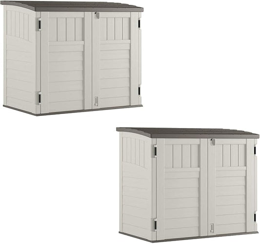 Suncast 2 Pack 34 Cu Ft Capacity Horizontal Outdoor Storage Shed for Garbage Cans, Garden Accessories, Backyard, and Patio Use, Vanilla
