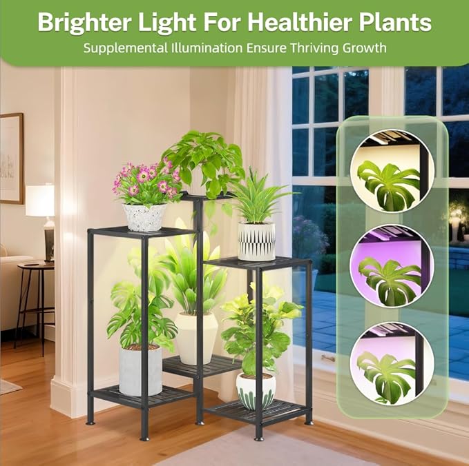 iDavosic.ly Indoor Plant Stand with Grow Light, Metal 6 Tier Corner Flower Holder Shelf Outdoor for Large Pots, Tall Rack for Patio Porch Balcony Living Room, Black