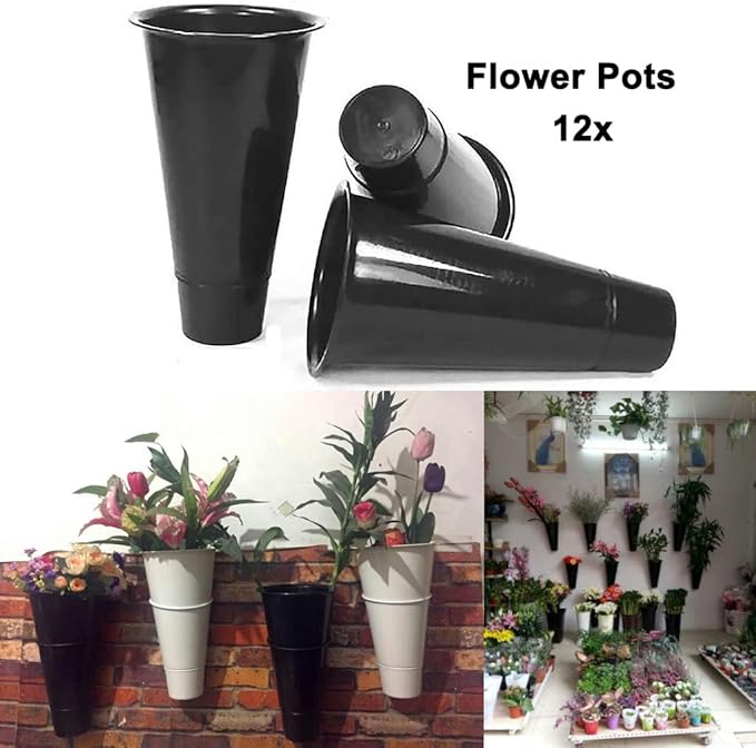 Flower Display Stand with 12pcs Plastic Buckets Iron Plant Stand with 4 Universal Wheel, 3-layers Metal Moving Florist Bouquet Shelf for Fresh Flower Shop (BLACK)