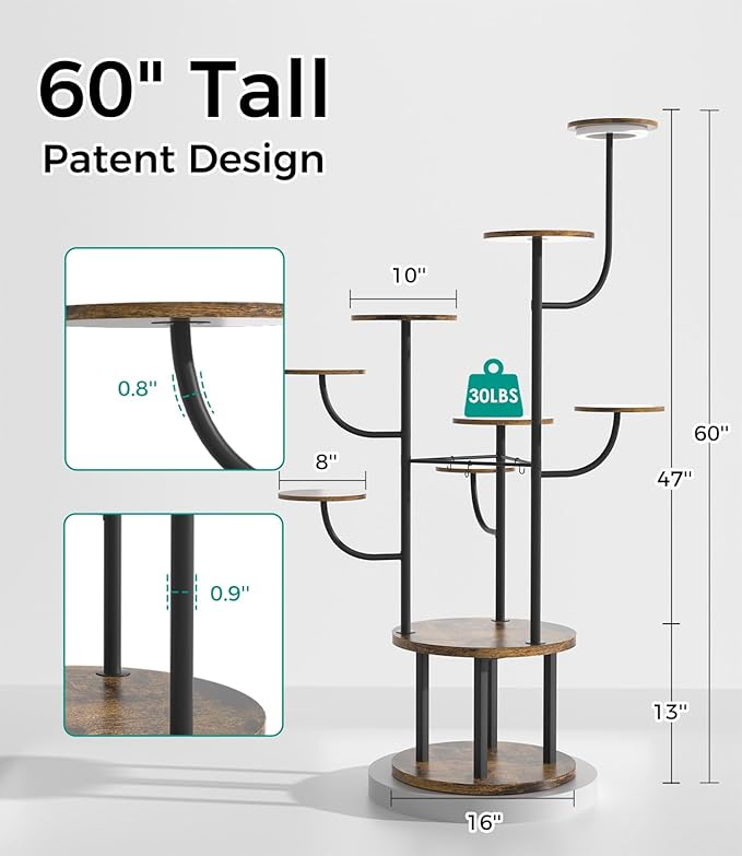 60" Tall Indoor Plant Stand with Grow Light 10 Tiered Adjustable,Large Metal Rotating Plant Shelf for Multiple Plant Display, Flower Holder Stand for Living Room,Bedroom,Office,Balcony