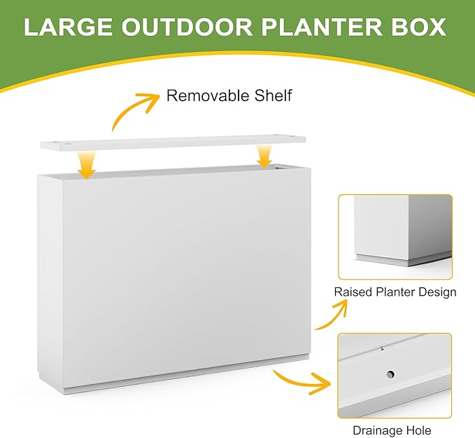 FENCY Metal Rectangular Planter Box - Large Tall Planters with Drainage Holes (35.4" L x 9" W x 25.6" H, White)