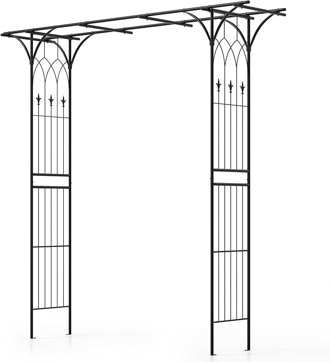 Giantex Metal Garden Arbor with Trellis, 81" Outdoor Arch for Climbing Plants, Heavy-Duty Rust-Resistant Steel Archway with 4 Stakes for Garden, Wedding, Party, and Yard Decoration, Black