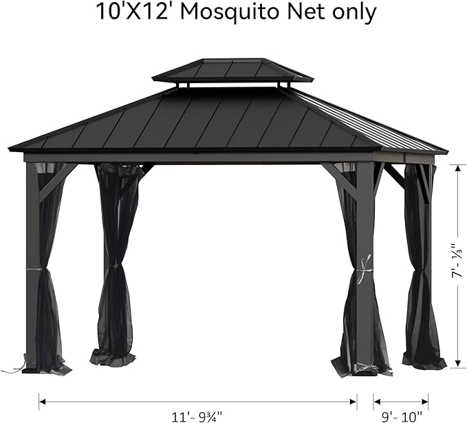 Gazebo Mosquito Netting Replacement Universal 4-Panel Sidewalls 10' x 12', Outdoor Gazebo Mosquito Nettings with Double Zipper, Replacement for Patio, Garden, Grey (Mosquito Net Only)