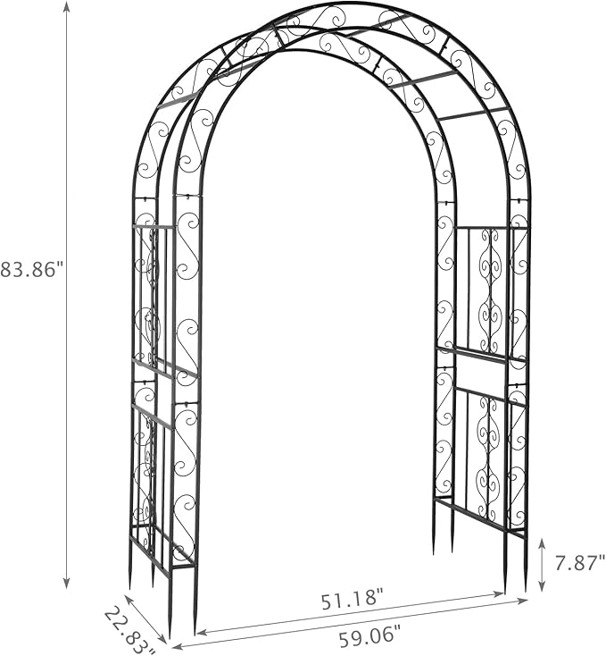 7FT Heavy Duty Steel Garden Arbor with Side Garden Trellis, Rust-Resistant Powder Coated Wedding Arch Archway for Backyard, Vine Plants & Outdoor Decor - Includes Ground Stakes & Easy Assembly