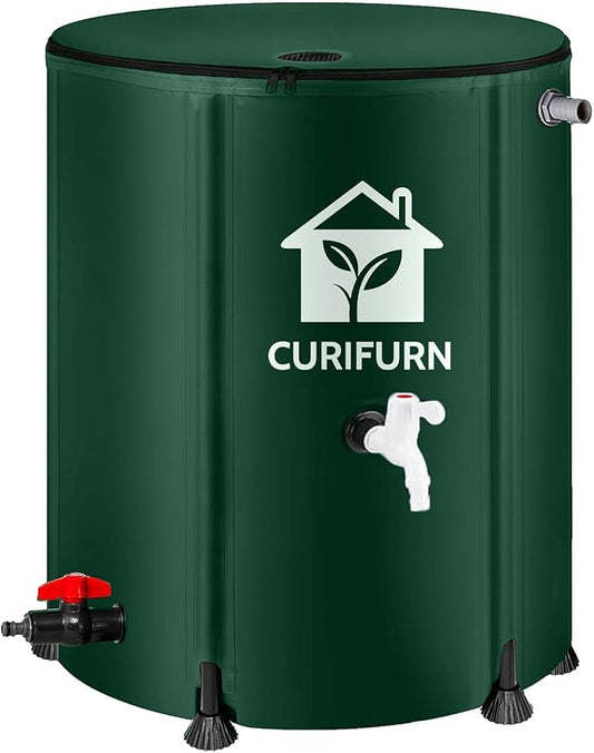 53Gal Collapsible Rain Barrel, Weatherproof Water Tank with Filter, Spigot & Overflow Kit (Reinforced Liner+Thickened Legs),Green