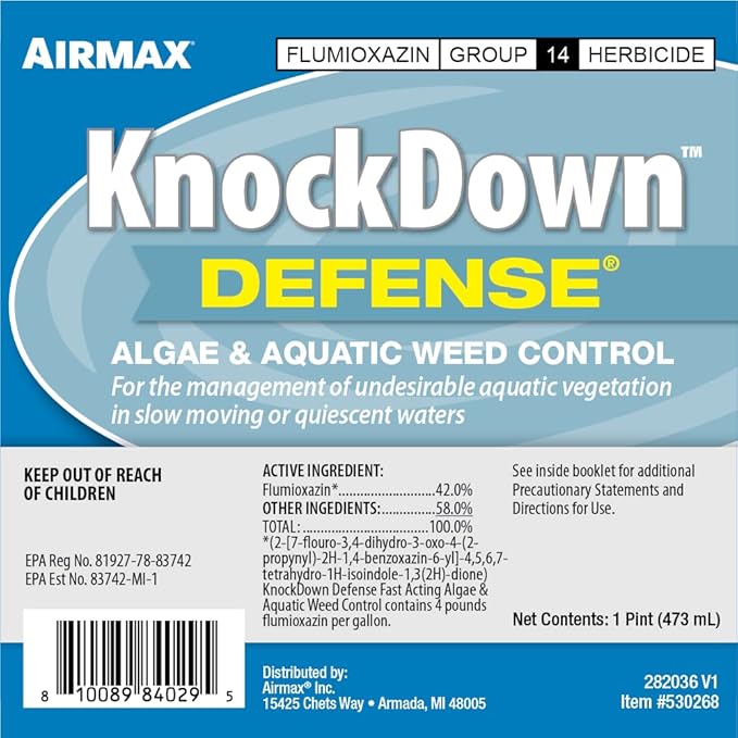 Airmax Knockdown Defense 2-in-1 Liquid Pond Algae Control, Effective & Fast Acting Algaecide, Aquatic Weed Treatment for Clear Water in Ponds & Lakes, Liquid Formulation, 16 oz with Treatment Booster