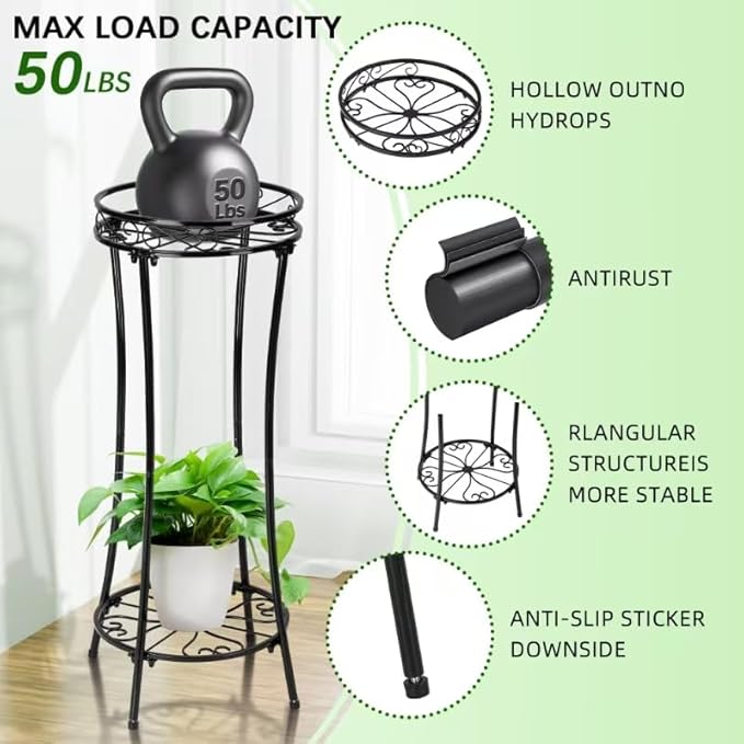Plant Stand Indoor Outdoor 2 Tier 29" Tall Metal Heavy Duty Rustproof Plant Shelf, Round Multi Tier Flower Pot Holder for Garden Patio Balcony, Black