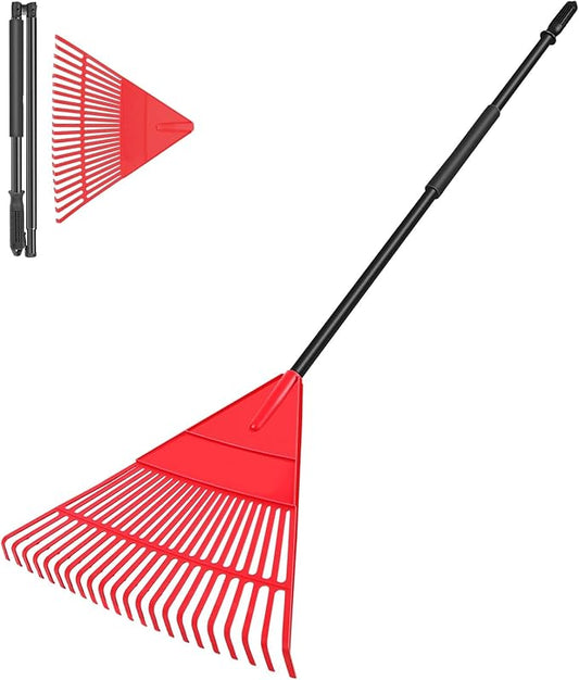 Garden Leaf Rake, 60" Garden Rakes with Foldable Lightweight Steel Handle, 22 Tines Plastic Head Shrub Rake, Folding Yard Garden Rake for Shrub, Lawns, Grass, Flower Beds Leaves Cleaning, Black & Red