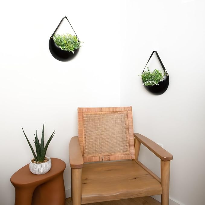 Set of 2 Black Metal Wall Planters - 12" Crescent Hanging Pots with Faux Leather Straps - Indoor Outdoor Decor for Succulents & Air Plants - Unique Plant Gift and Modern Minimalist Home Decor