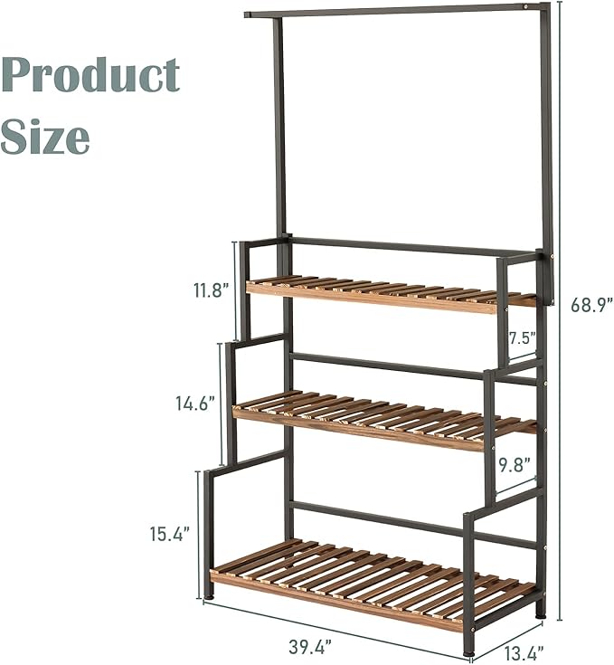 ULIKE 3-Tier Hanging Plant Stand – Wood & Metal Frame Indoor Outdoor Shelf for Patio, Balcony, Garden Multi-Purpose Plant Display | Carbonized Pine Wood | Sturdy Tall Rack for Potted Plants