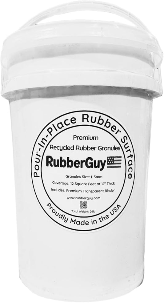 Poured-in-Place Rubber Surfacing Kit – Recycled Rubber Granules in Black with Transparent Binder – Covers 12 Sq Ft at ½” Thick – Made in USA – Size 1–3mm – 26lb Bucket