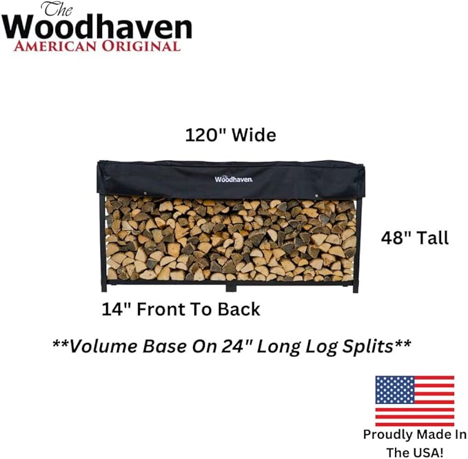 Woodhaven 10 Foot Black Firewood Log Rack With Optional Seasoning Cover - Made In The USA - Lifetime Structural Warranty - Steel Outdoor Rack with Black Texture Powder Coat Finish (Cover)