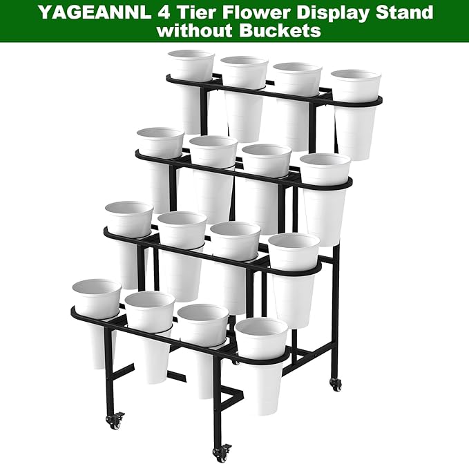 4 Tier Flower Display Stand, Metal Flower Bar Stand for Fresh Flowers Without 16pcs Buckets, Heavy Duty Garden Flower Cart Display Stand with Wheels
