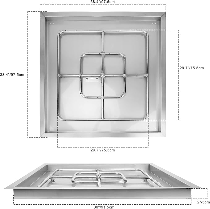 Onlyfire Stainless Steel Square Fire Pit Burner with Pan, 36 Inch DIY Outdoor Propane Firepit Fireplace for Backyard