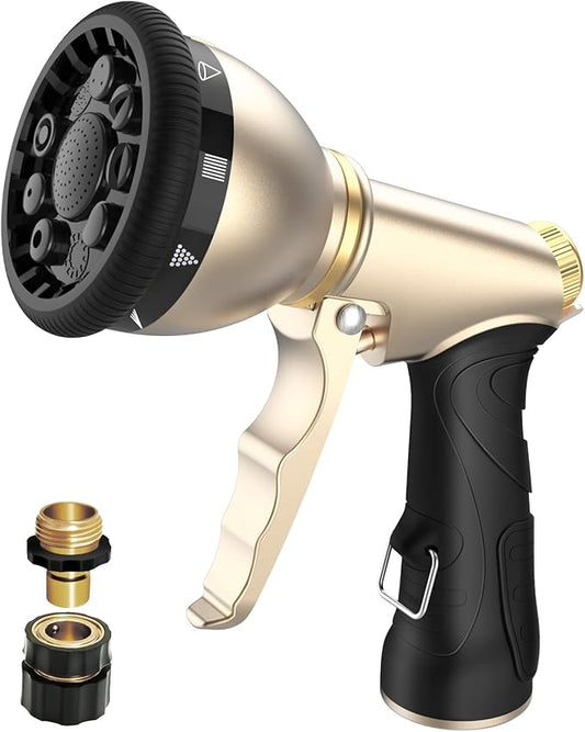 Heavy Duty Hose Nozzle, 9-IN-1 Spray Patterns, Spray Nozzles for Garden Hose with Metal Trigger & Lock Bar, 3/4" Thread & Connection Adapter, Suit for Watering Plants, Lawn, Car, Outdoor Pet