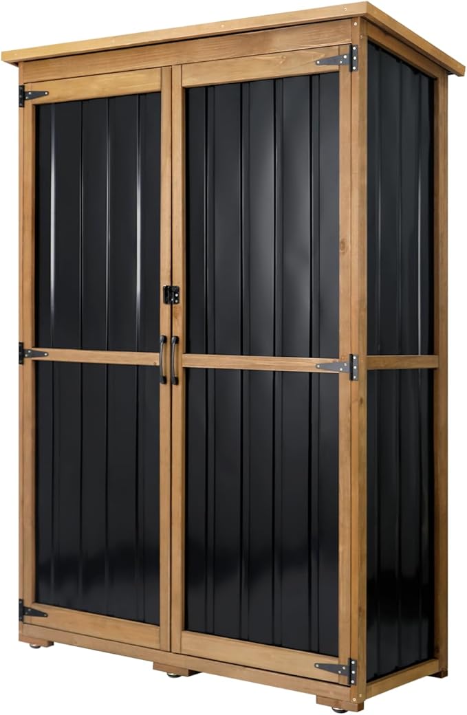 Outdoor Storage Shed with Adjustable Shelf, Wood & Metal Storage Cabinet Waterproof with Lockable Doors & Sloping Roof,Vertical Garden Shed for Patio Backyard, Tool Shed and Accessories, Brown