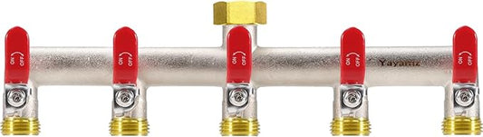 5 Way Garden Hose Splitter, Heavy Duty Brass Nickel Plated Rust Resistant Faucet Manifold, 3/4" Frost Resistant Outdoor Hose Adapter Connector，Hose Spigot Adapter with 5 large red handles