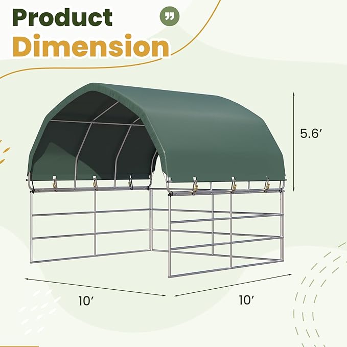 YOLENY 10'x10' Green Corral Shelter, Heavy Duty Round Style Canopy, Waterproof and UV Treated Universal Cover, Easy Assembly Stable and Agricultural Storage and Shade Shed Kit for Livestock