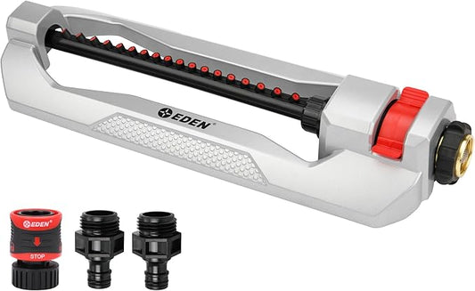 Eden 94110 Heavy Duty Metal Oscillating Sprinkler, Covers Up to 3,315 sq. ft., 18 Precision Nozzles, Adjustable Range, Quick Connect Bundle, Silver, Red, Black