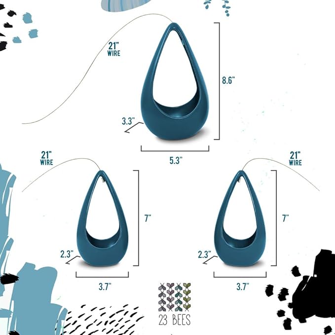 23 Bees | Hanging Air Plant Holder | Blue Hanger Ceramic Planter | Small Floating Succulent Pots Container | Cactus Holders with Metal Wire | 3 Pack (3 Pack x Blue)