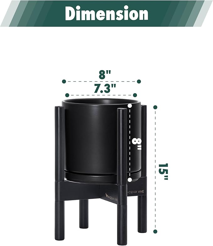 D'vine Dev Ceramic Planter with Ebony Stand - 8 Inch Modern Round Flower Pot with Wood Planter Holder, Black, 55-B-M-2