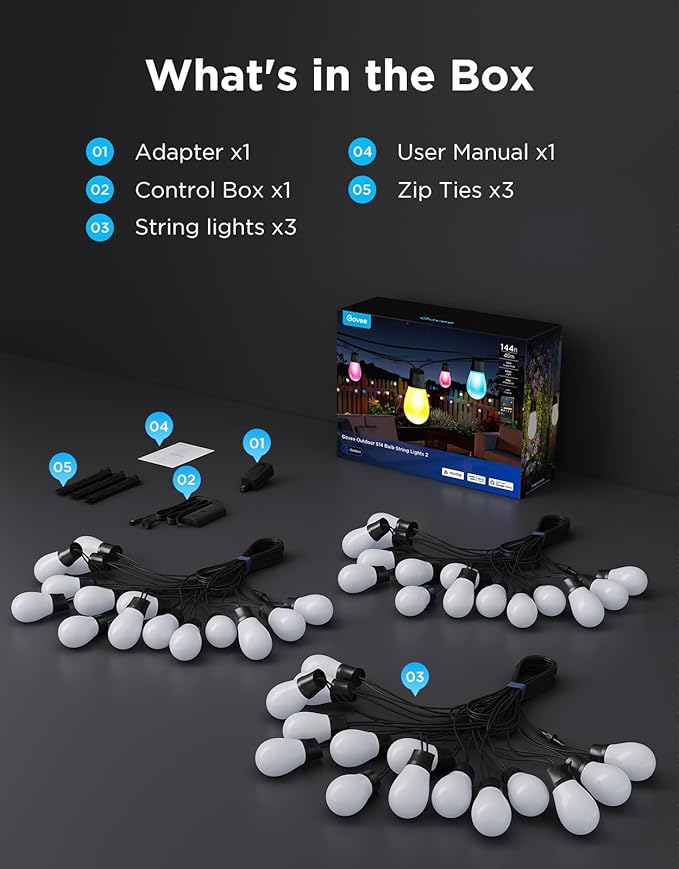 Govee S14 Bulb Outdoor String Lights 2, 144ft Smart RGBIC Warm White Patio Lights with 45 LED Bulbs, 111 Scene Modes for Outdoor Decor, Works with Alexa, Google, Matter, APP Control, IP66 Waterproof