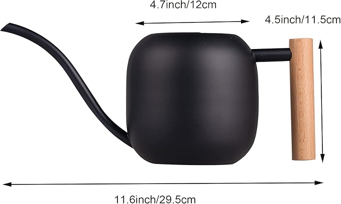 IMEEA Watering Can for Indoor Plants 40oz Stainless Steel Watering Can with Long Spout and Wooden Handle (Black)