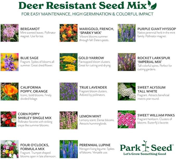 Park Seed Grow Your Own Vibrant Annual and Perennial Wildflower Garden Seed Mixture, Easy to Grow Varieties for Pollinators and Spring Gardens - Deer Resistant Mix, 10 lbs