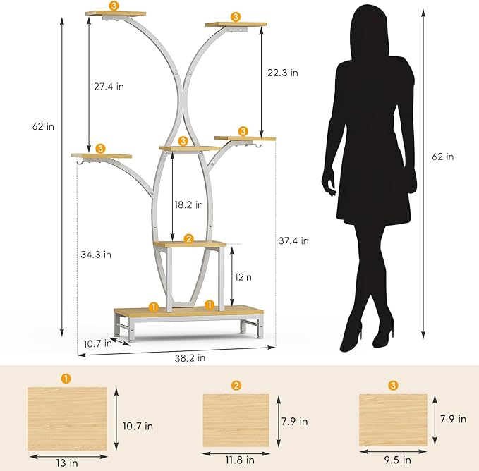 Plant Stand Indoor with Grow Lights - 7 Tiered Metal Corner Shelf for Multiple Plants, 62" Corner Plant Stand for Indoor Plants, Tree-Shaped Plant Rack for Home, Living Room, Office & Patio Decor