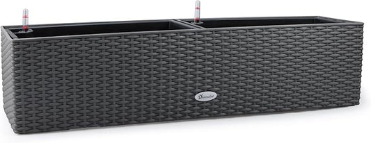 Dexceder 31.5 Inch Rattan Self Watering Planter Indoor Outdoor, Thickened Large Rail Flower Plant Pot Window Box with Water Level Indicators (Deep Gray)