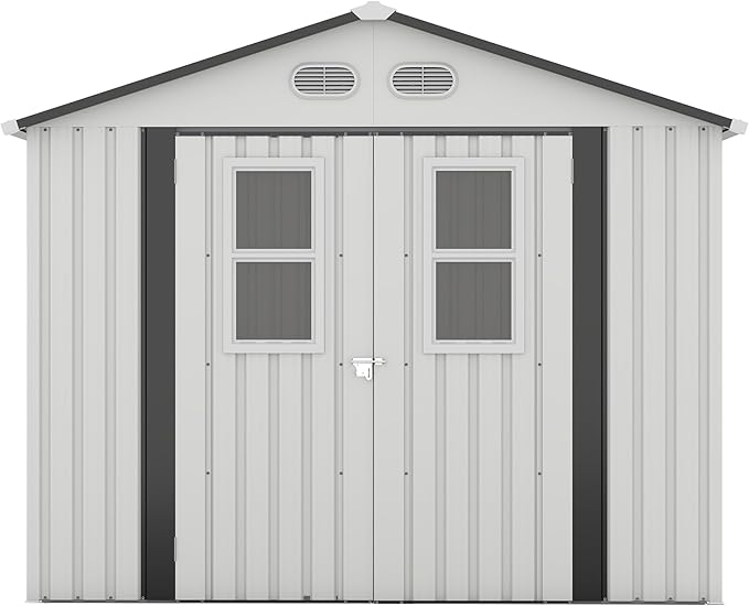 8x8 SF Outdoor Storage Shed,Metal Shed with Lockable Doors & 4 Daylight Windows,Garden Tool Shed w/Air Vents & Sloped Roof, Ideal for Backyard,Patio,Lawn,White