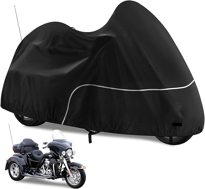 Trike Cover, Waterproof 3 Wheel Motorcycle Cover for Harley Davidson, Honda Goldwing, Kawasaki Trike Accessories, with Windproof Buckle, Reflective Strap, Black