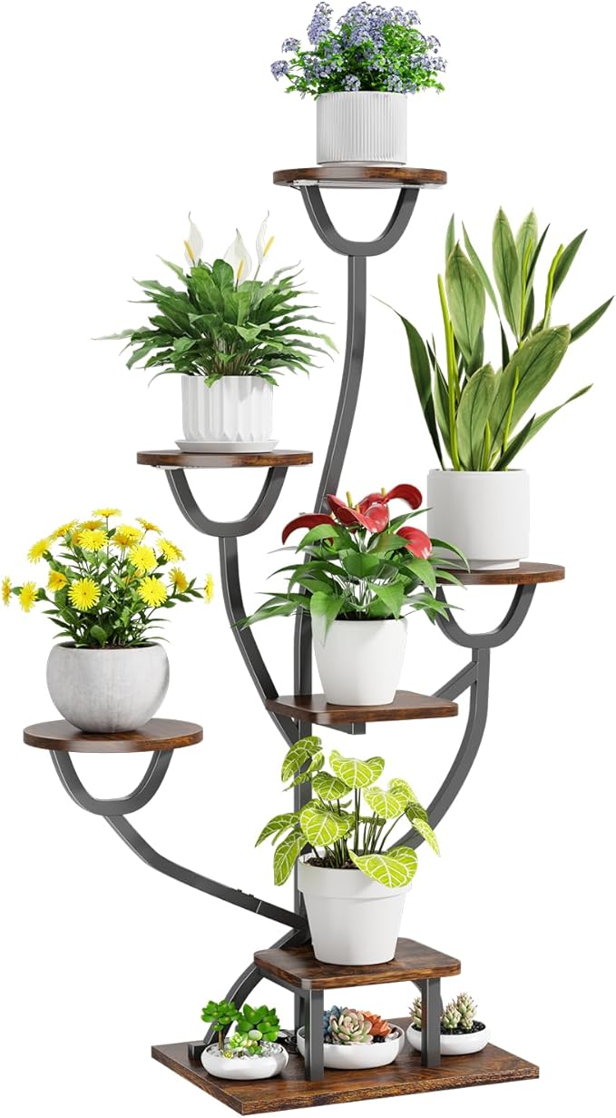 Plant Stand Indoor with Grow Lights - 44.2" Tall Plant Shelf, Lighted Corner Plant Stands for Indoor Growing, 7 Tiered Metal & Wood Plant Holder Display Shelves for Living Room, Patent Design - C4