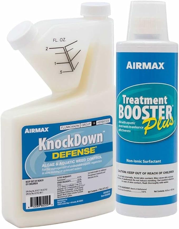 Airmax Knockdown Defense 2-in-1 Liquid Pond Algae Control, Effective & Fast Acting Algaecide, Aquatic Weed Treatment for Clear Water in Ponds & Lakes, Liquid Formulation, 16 oz with Treatment Booster