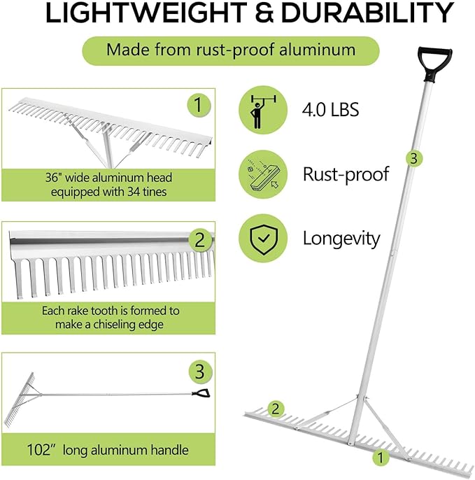 Floating Lake Rake, 36" Aluminum All Purpose Lake and Landscape Rake with 102'' Extension Handle and 52Ft Rope, Weed & Algae Removal, Yellow
