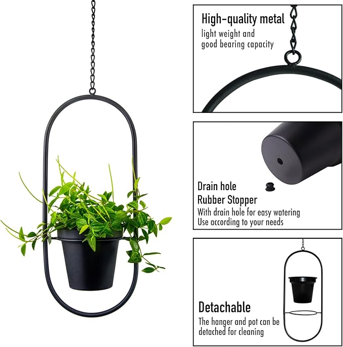 Modern Hanging Planters for Indoor Plants, Metal Plant Hanger with 5 inch Flower Pots,Set of 2 Black Oval Shape Plant Holders, Wall and Ceiling Hanging Pots for Outdoor Plants, Home Décor