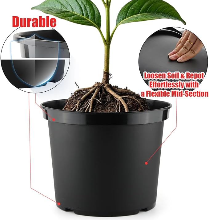 5 Gallon 12 Inch Plastic Nursery Pots, Plant Containers with Drainage Holes, Round Sturdy Garden Planters for Indoor/Outdoor Greenery, Gardening Gifts for Women (5-Pack, Black)
