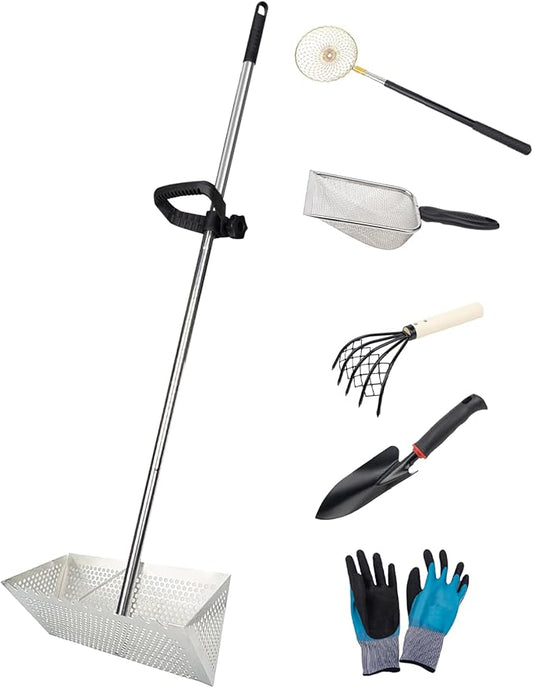Sand Fleas Rake Set,Detachable 52 Inches Long Handle,Includes 1pcs Sand Flea Rake,1pcs Beach Mesh Shovel,1pcs Sand Sifter,1pcs Black Beach Shovel,1pcs Claw Rake with Mesh Net,One Pair of Gloves