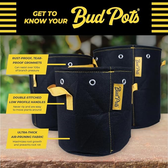 BudPots for Optimal Plant Growth | 25 Gallon Fabric Pots (94.5L) | 4-Pack | Metal Reinforced Rim - Sturdy & Never Collapses | Promotes Dense & Healthy Roots | Low Stress Training | Reusabe