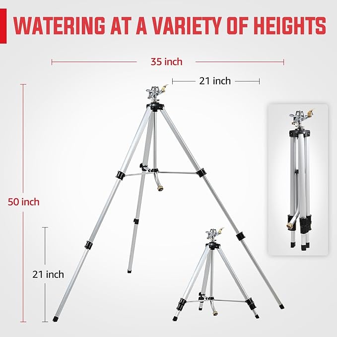 YAMATIC Impact Sprinkler on Adjustable Tripod Base, 360 Degree Large Area, Heavy Duty Adjustable Pulsator Sprinkler for Lawn, Yard and Grass Irrigation, Spray up to 20-90ft(Zinc Head)